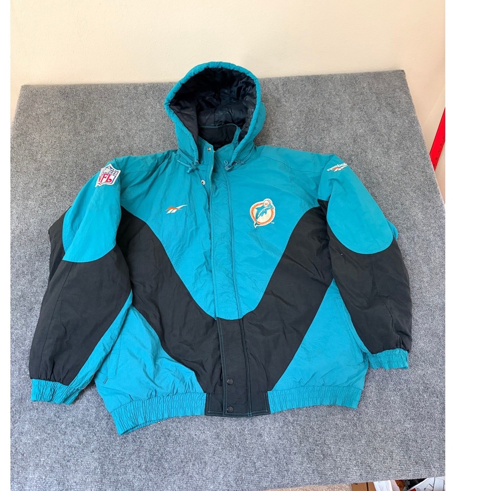 Vintage Miami Dolphins Reebok NFL‎ Pro Line Puffer Jacket Aqua Black Mens XXL